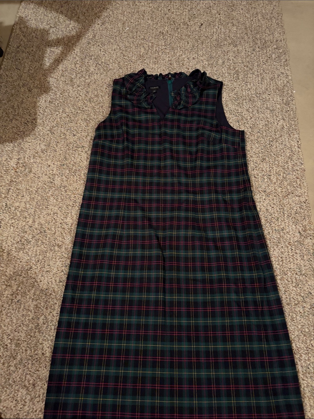 Talbots Navy and Dark Green Plaid Ruffle Neck Dress